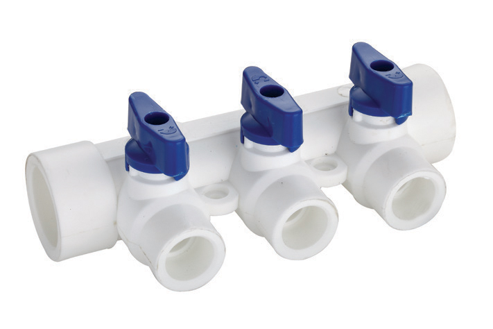 PPR rozdeľovač s guľovými ventilmi 32/4x20 MODRÝ